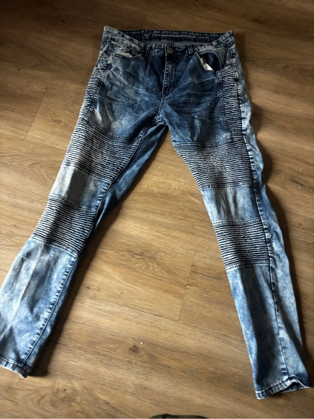 Men's Blue Washed Ribbed Moto Jeans